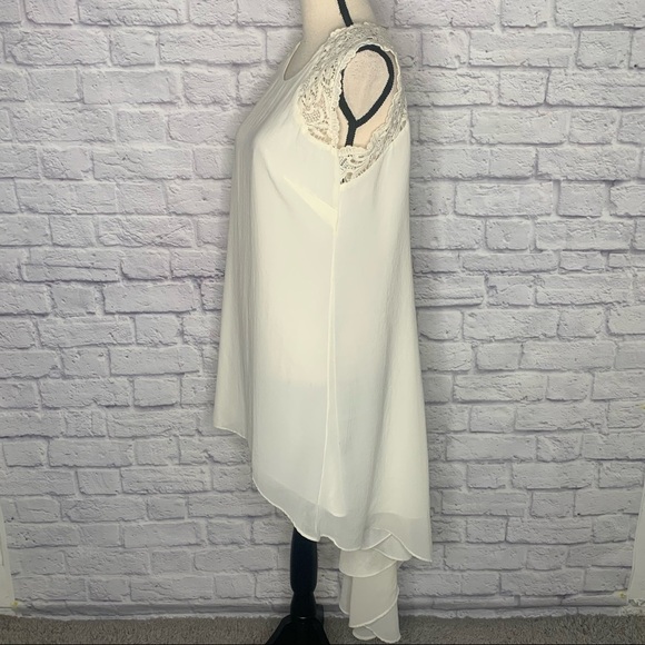 Marciano Ivory Textured Satin Lace Sleeve High Low Shift Dress - Picture 6 of 16